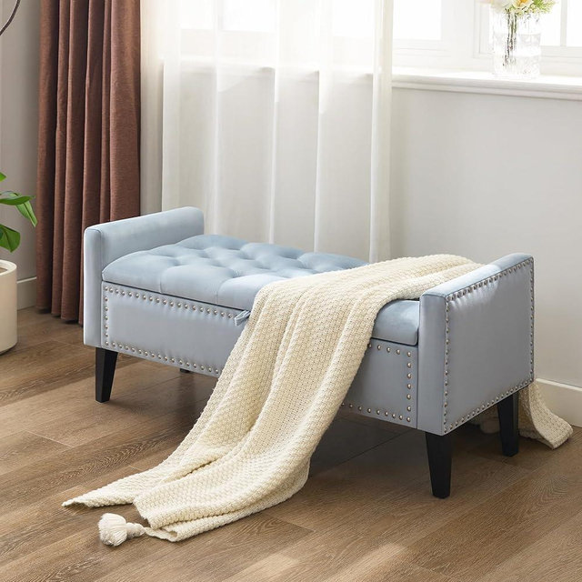 WUTUTUEE 47" Velvet Storage Bench, Upholstered Bed Bench with Storage, End of Bed Ottoman with Wooden Legs,Bedside Storage Bench for Bedroom, Living Room, or Entryway, Blue Grey