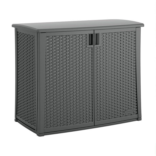 Suncast Plastic Outdoor Storage Cabinet Waterproof, Cool Gray Wicker Resin Outdoor Cabinet, Weatherproof, Lockable Outside Storage for Patio, Deck, Balcony, Porch, Backyard, or Garden, Made in the USA