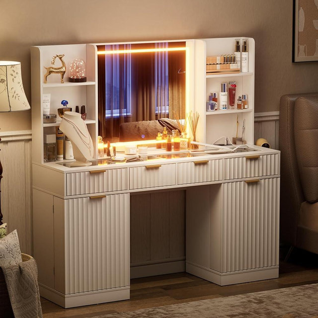 55" White Fluted Makeup Vanity Desk with LED Mirror & 3-Color Lights, Glass Top Makeup Table with Charging Station, 4 Drawers, 2 Cabinets & Open Shelves for Bedroom or Salon
