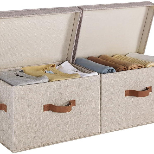StorageWorks Closet Storage Bin with Lids, Decorative Storage Boxes with Handles, Fabric Storage Bins for Clothes, Large, Brown and Beige, 2-Pack