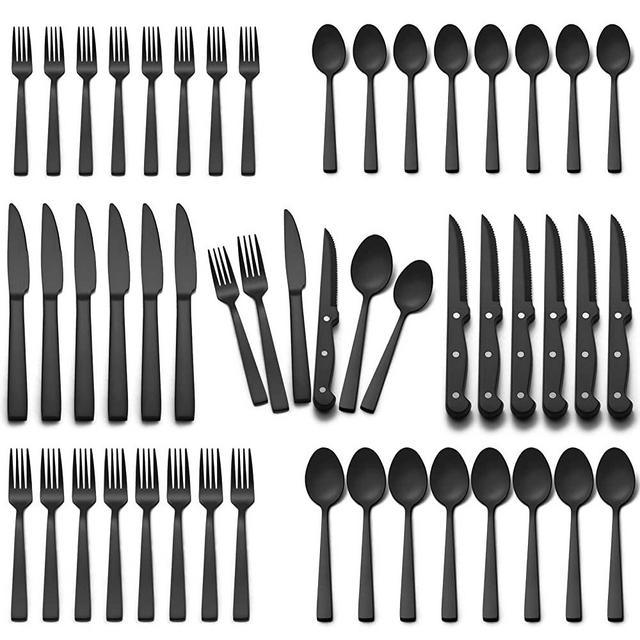 Black Silverware Set, Umit Chef 48Pcs Black Flatware Set with Steak Knives for 8, Food-Grade Stainless Steel Flatware Utensils Set, Cutlery Set for Home Kitchen and Restaurant