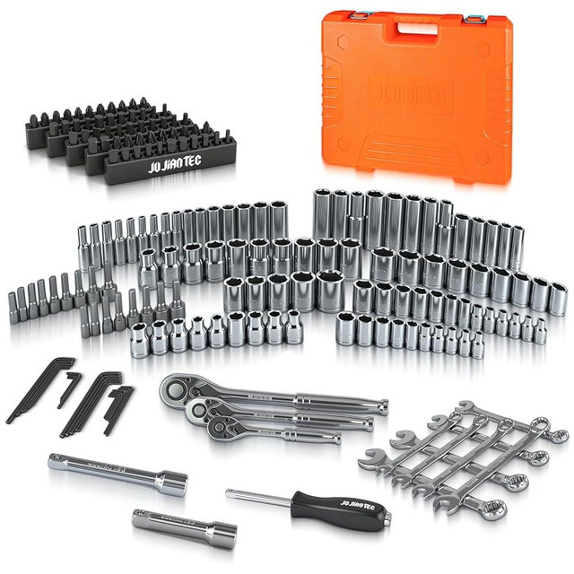 JU JIAN TEC 201-Piece Mechanics Tools Set, SAE & Metric Impact Socket Set, 1/2'', 1/4'', 3/8'' Drive, with Ratchet Wrench & Extension, Premium CRV Alloy Steel, with Molded Case