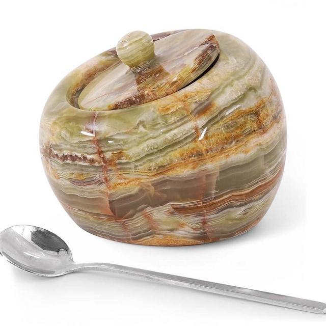 Radicaln Marble Salt Cellar With Lid 4" Inches Green Onyx Handmade Salt Box For Kitchen Modern Stone Salt Holder, Spice Jar & Salt Dish With Lid