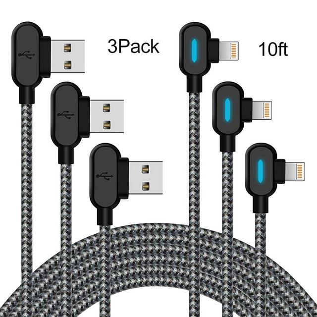 iPhone Charger Cable 10ft 90 Degree Lightning Cable with Blue LED Light 3 Pack Right Angle Nylon Braided Charging Cord for iPhone 11 Xs Max XR X / 8 Plus / 7 Plus / 6s Plus / 6 Plus, iPad(Black Grey)