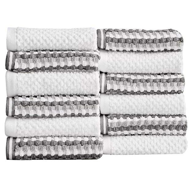 Great Bay Home 12-Piece Washcloth Set. 100% Cotton Multi-Striped Bathroom Towels. Quick Dry and Absorbent Towels. Set Includes 12 Washcloths. Milos Collection (12 Pack, Dark Gray/Light Gray)