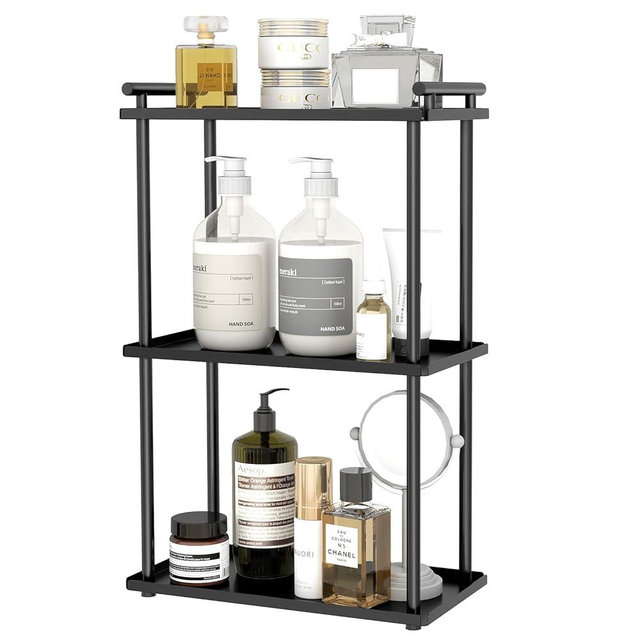 Bathroom Counter Organizer, 3 Tier Bathroom Organizer Countertop, Metal Vanity Shelf Skin Care Countertop Organizers and Storage Makeup, Perfume for Dresser, Kitchen (Black)