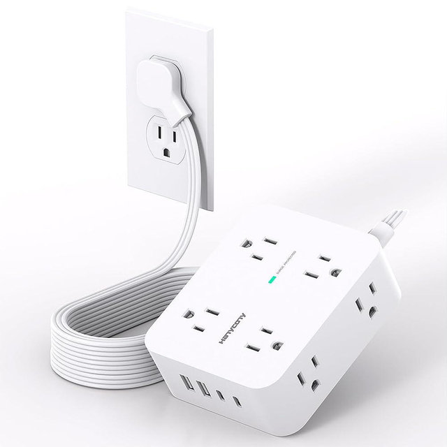 Extension Cord 10 Ft, Ultra Thin Flat Plug Power Strip Surge Protector with 8 Outlets 4 USB Ports (2 USB C), 1080J Multi Plug Outlet Extender Desk Charging Station for Home Office Dorm Room Essentials