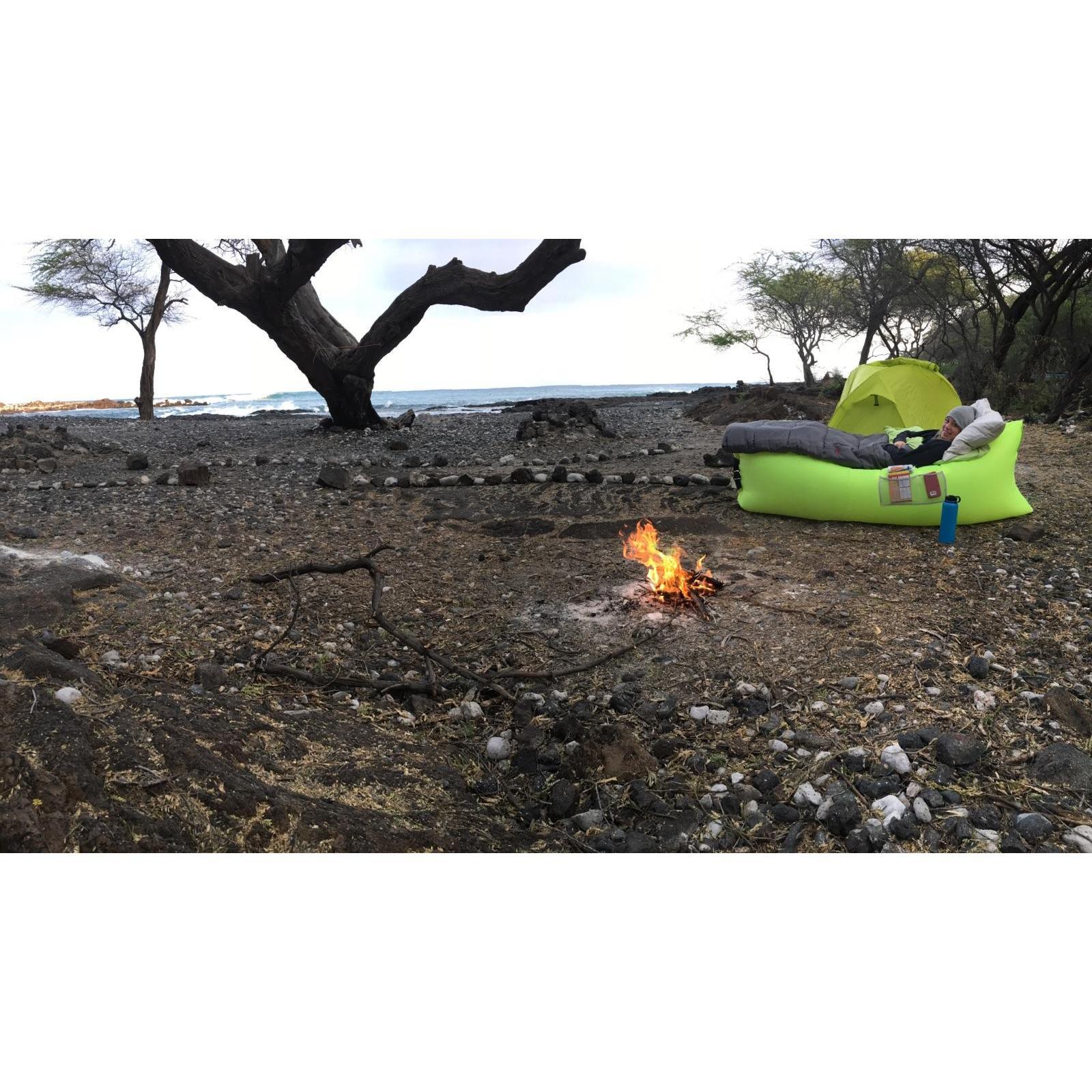 Our first time camping together. After a crazy day of finding a spot we were able to stay on the beach in Hawaii.