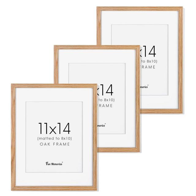 11x14 Picture Frame Set of 3, Solid Oak Wood Frame 11 x 14 with Mat for 8 x 10, Rustic Wooden 11"x14" Photo Frames for Wall with Tempered Glass, 11x14 Wood Frame Beige Oak Color