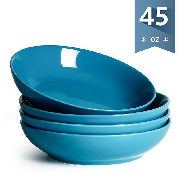 Sweese 113.107 Porcelain Large Salad Pasta Bowls - 45 Ounce 1.3 Quart - Set of 4, Steel Blue