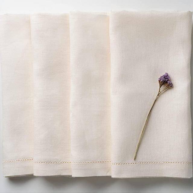 D'Moksha Homes Ivory Cloth Napkins - 20 x 20 Inch Set of 4, 100% Pure Linen Napkins, Hemstitched Dinner Napkins Cloth Washable, Christmas Cloth Napkins for Fall Halloween Thanksgiving