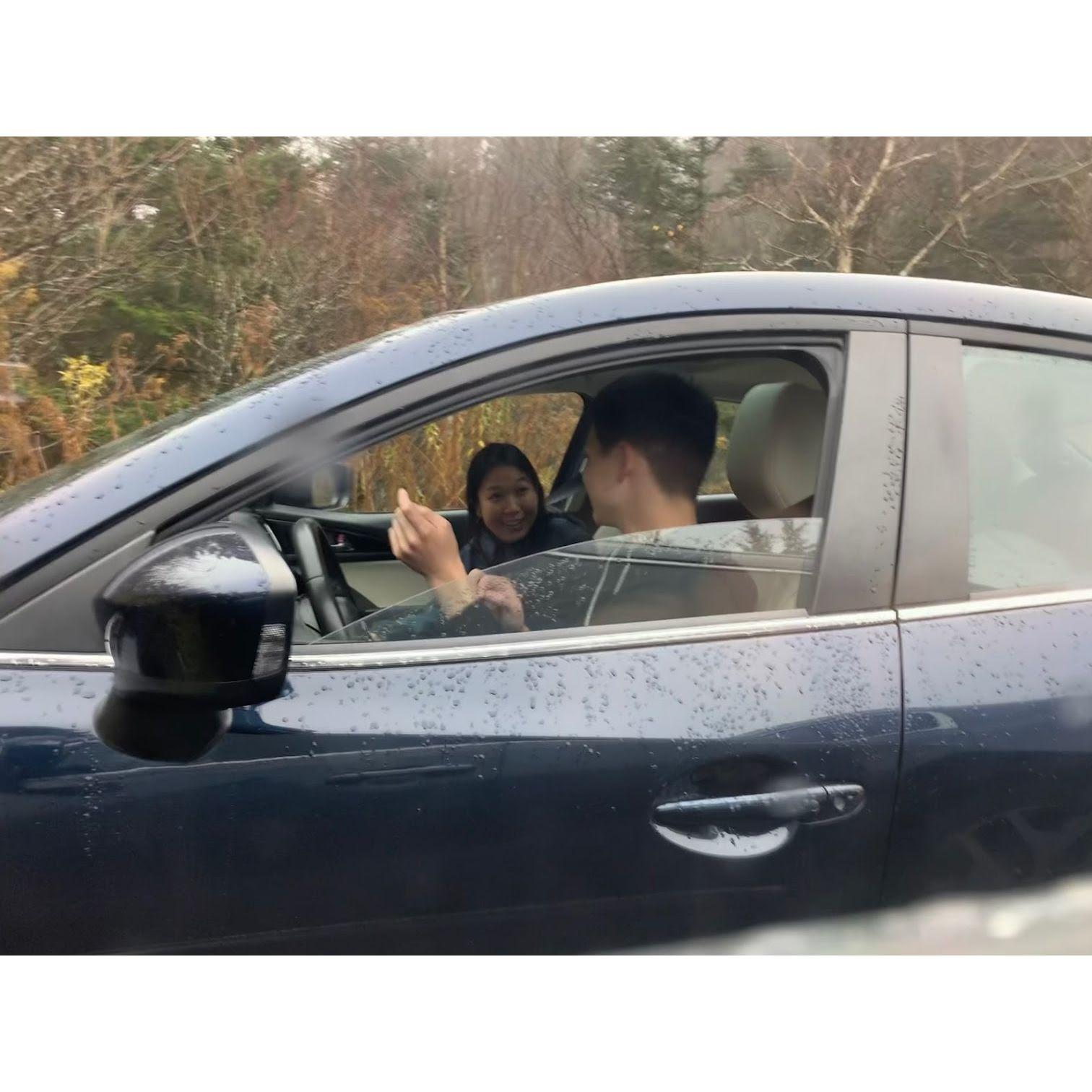 Our friends secretly plotted for us to take this road trip together alone when they knew Gary liked Natalie, and snapped this photo at the end when they arrived next to us in a separate car.