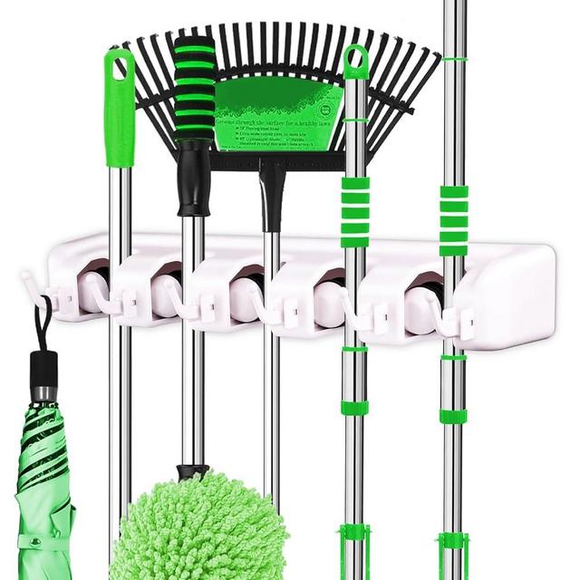 LETMY Broom Holder Wall Mount - Mop and Broom Hanger Holder - Garage Storage Rack & Garden Tool Organizer - 5 Position 6 Hooks Broom Rack for Home, kitchen, Garden, Tools, Garage Organization - White
