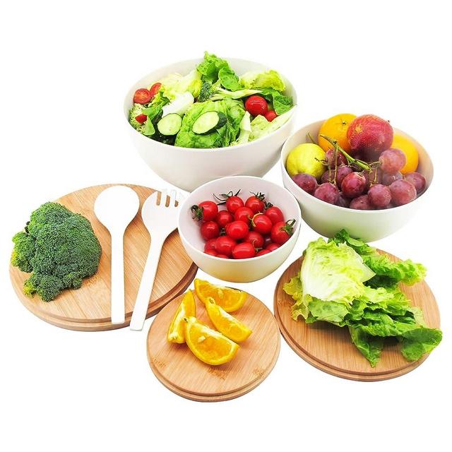 ECOWAY Salad Bowls Set of 3 with Lid & Serving Utensils, Bamboo Fiber Mixing Bowls Set Large Serving Bowls & Storage Set with Bamboo Lid for Salad, Kitchen Eating, Pasta, Popcorn, Chips, Fruit, White