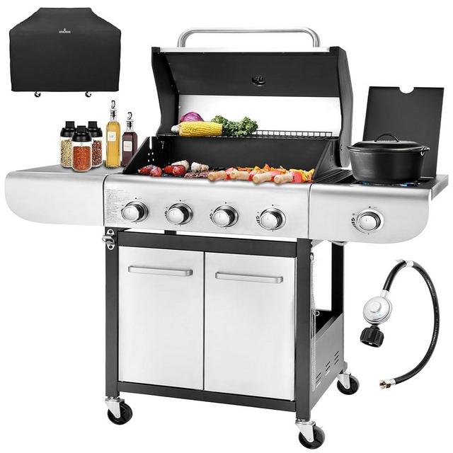 4-Burner Propane Gas BBQ Grill with Side Burner, 53,000 BTU Output with Enameled Cast Iron Grates for Patio Garden Barbecue, Stainless Steel