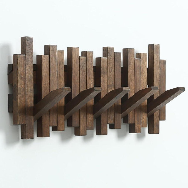 GOGREEBELL Natural Wood Wall Mounted Piano Coat Rack| Coat Rack Wall Mount| Flip Down Wall Hook Rack 5 Hooks| Unique Modern Hooks for Coats Bag Hat,Made of Acacia Wood (Dyed with Wood Wax Oil)