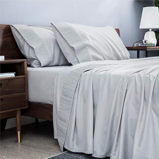 Bedsure Bed Sheet Set - Ruched Ruffled Embossed Bed Sheets - Soft Brushed Microfiber, Wrinkle Resistant Bedding Set - 1 Fitted Sheet, 1 Flat Sheet, 2 Pillowcases (King, Light Grey)