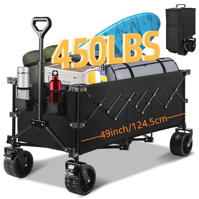 Wotemirr 49''L Collapsible Foldable Extended Wagon with 450lbs Weight Capacity, Heavy Duty 300L Folding Utility Garden Cart with Big All-Terrain Beach Wheels & Drink Holders. Black