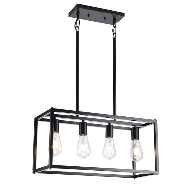 Lanhall Dining Room Light Fixture 4 Light Black Farmhouse Chandelier Modern Kitchen Island Pendant Lighting Rectangular Hanging Lights for Kitchen Dining Room Adjustable Height Metal E26 Base