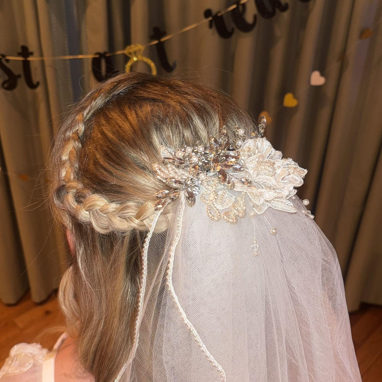 Noelle wearing her mother's wedding veil & hair done by Morgan