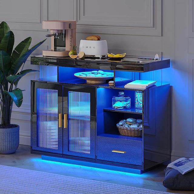 WOOVIVS 39.4" Modern LED Sideboard Buffet Cabinet with Charging Station, High Glossy Cupboard with Human Body Sensor Light, Bar Cabinet with Acrylic Panel for Living Room, Dining Room, Kitchen (Black)