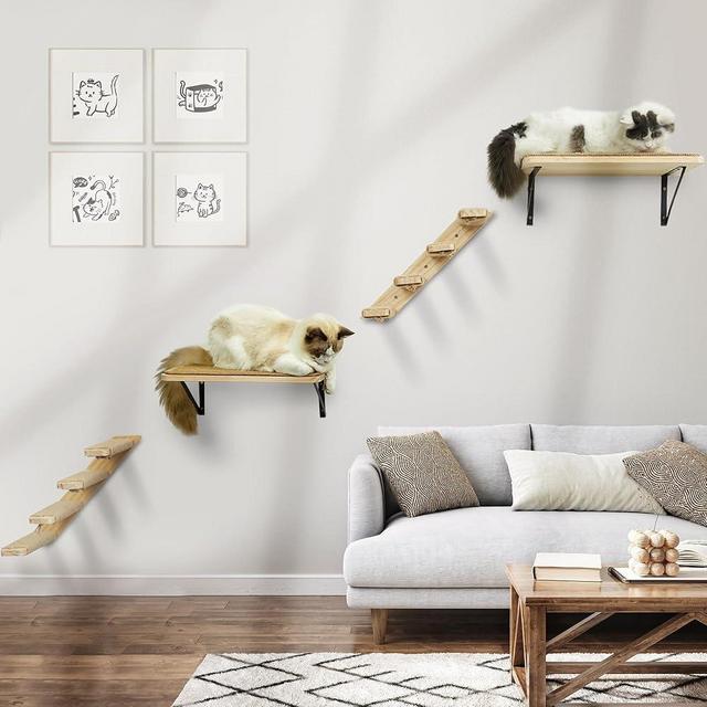Cat Wall Furniture Set, 2PCS Cat Shelves & 2PCS 4 Steps Cat Wall Shelves Stairs Tower Cat Climbing Shelves Scratching Perches for Climbing Sleeping, Playing
