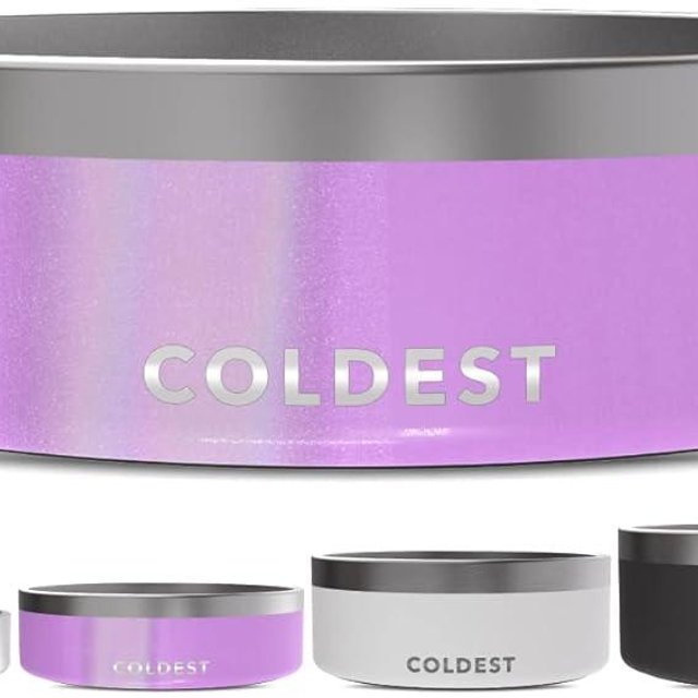 Coldest Dog Bowl - Anti Rust Metal, Non Slip, 3 Layers Insulated Stainless Steel Dog Bowls - Spill Proof & Heavy Duty - Water Bowl for Dogs, Cats, Dish Washer Safe (42 oz, Saturns Purple Glitter)