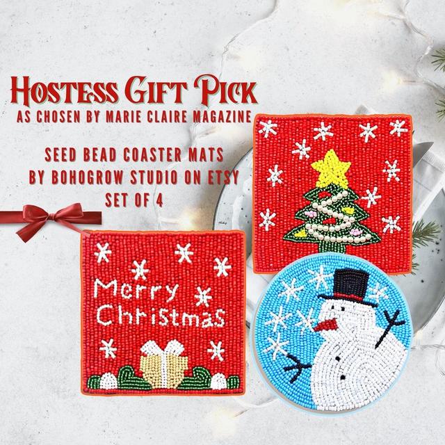 SET of 4 Beaded Christmas Coasters Drink Mats