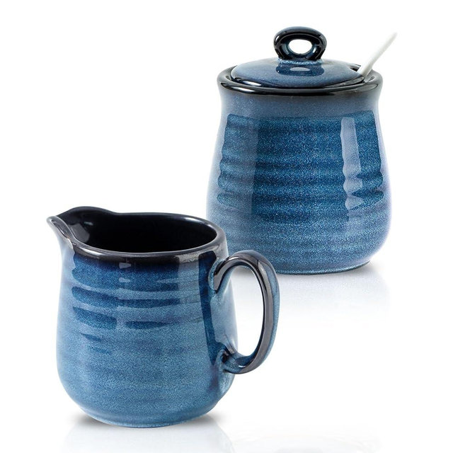 Tikooere Ceramic Sugar and Creamer Container Set of 3,10 Ounce Cream Pitcher,11 Ounce Sugar Bowl with Lid and Spoon,Farmhouse Coffee Bar Accessories Set for Serving,Microwave & Dishwasher Safe,Blue