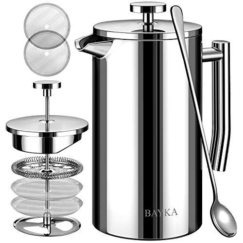 BAYKA French Press Coffee Maker, Stainless Steel 34oz Double-Wall Metal Insulated Coffee Tea Makers with 4 Level Filtration System, Rust-Free, Dishwasher Safe