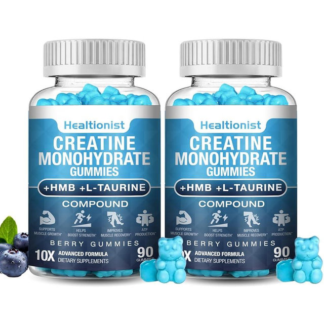 Healtionist 2 Pack 8000MG Creatine HMB Monohydrate Gummies for Men & Women,L-Carnitine, L-Taurine & Vitamin B6 12, 180 Blueberry Flavor Counts Supplement Gummies (60-Day Supply)