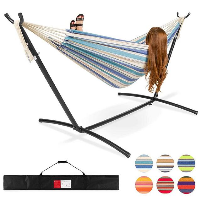 Best Choice Products 2-Person Brazilian-Style Cotton Double Hammock Bed w/Carrying Bag, Steel Stand, Ocean