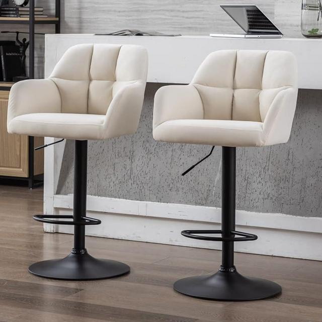 EALSON Modern Swivel Bar Stools Set of 2 Velvet Counter Height Barstools with Back and Arms Adjustable Bar Stool Chairs with Metal Base for Kitchen Island/Home Bar/Dining Room, Beige
