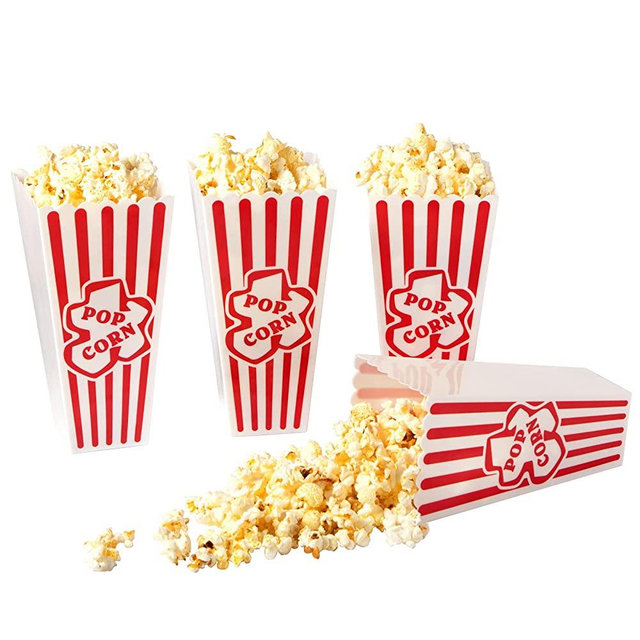 Plastic Popcorn Containers Red & White Striped Retro Style Reusable Popcorn Boxes for Movie Night 4”x8” - 6 Pack