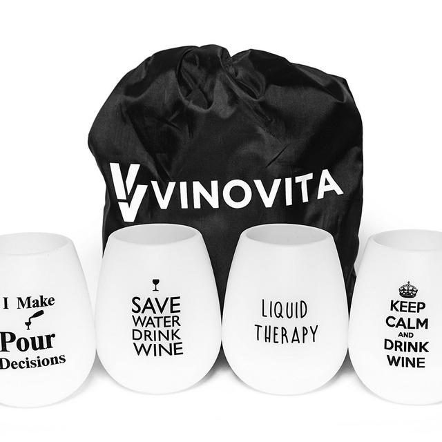 Silicone Wine Glasses (Set of 4) with Bag by Vinovita Unbreakable Rubber Drinking Cups Elegant with Cool Written Messages Durable and BPA Free Great for Outdoor Parties, Beach, Camping (funny)