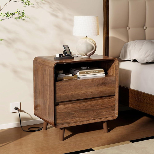 Nasonet Mid Century Modern Nightstand with Charging Station, Wood Bedroom End Tables Nightstands with Drawers, Curved Bedside Table for Living Room, Bedroom, Walnut