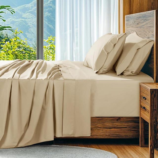 SONORO KATE 100% Egyptian Cotton Sheets Set, Extra Deep Pocket up to 18"-24",1000 High Thread Count, Soft & Breathable 5-Star Hotel Sateen Bed Sheets - 4 PC (Beige,Queen)