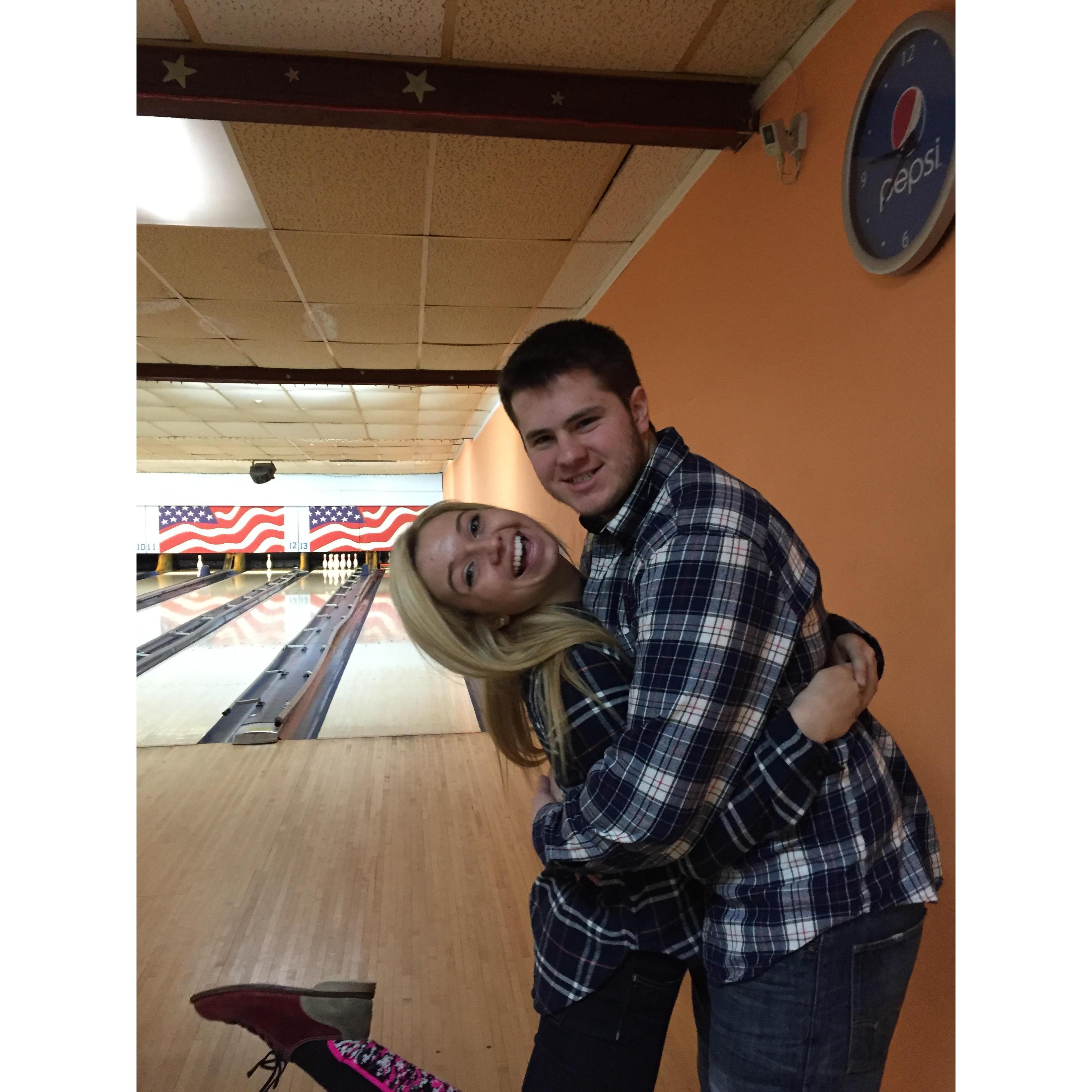 First hometown date at a bowling alley in Amy's hometown.