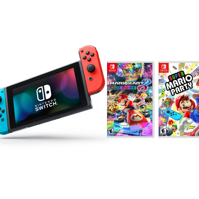 Nintendo Switch Mario Party Bundle: Super Mario Party, Mario Kart 8 Deluxe and Nintendo Switch 32GB Console with Neon Red and Blue Joy-Con