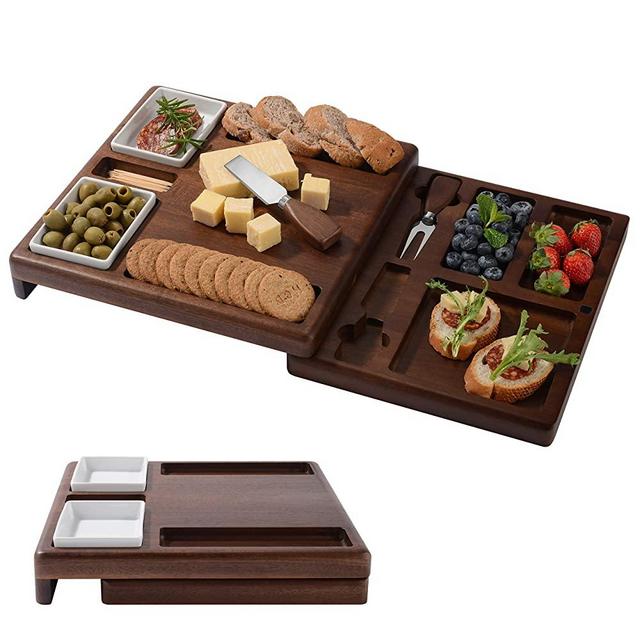 Wooden Serving Board for Cheese, Food Serving Platter, Cheese Board with Cutlery Set (13,88" x 19,88") Expandable Cheese Board And Use Base On Size Of Your Party