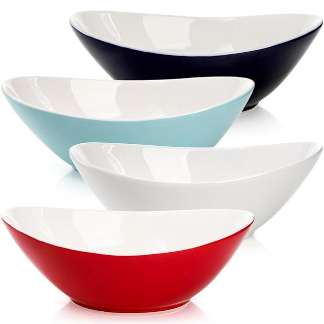 Goaste 4 Pack 9.5 Inch Ceramic Serving Bowls, 36 OZ Large Salad Dishes, Stackable Oval Bowl Serving Platter Food Server for Holiday Dinner Party, Pasta, Appetizer, Side Dishes, Soup, Assorted Colors