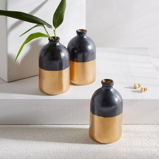 Honeycomb Studio Bud Vase, Black + Gold, Set of 3
