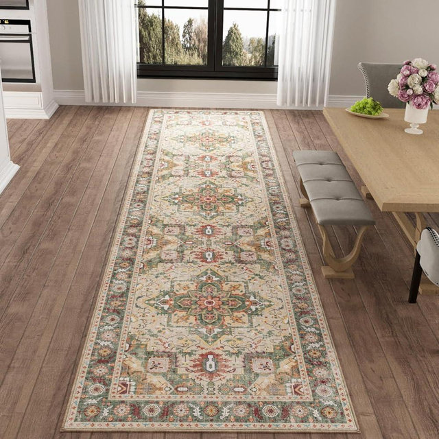SUMLANS Runner Rug with Non Slip Backing, Vintage Washable Soft Floor Carpet for Kitchen, Hallway, Entryway Indoor, Bedroom, Laundry, Low Pile Area Rugs (Vintage Green, 2‘ * 6’)