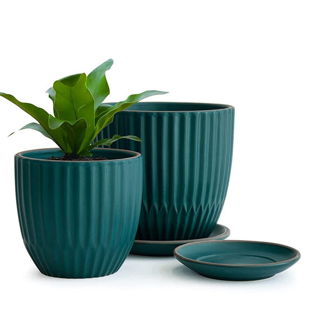 Set of 2 Stoneware Planter Pot, Ceramic Pot with Drainage Hole and Saucers, 4 Inch & 6 Inch, Teal Blue, 99-92-TB
