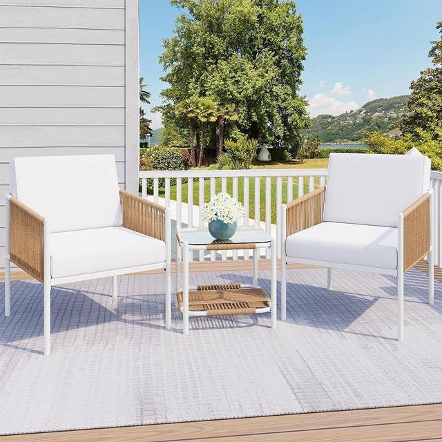 JAMFLY 3 Piece Patio Furniture Wicker Set, Outdoor Patio Furniture Rattan Chair Conversation Set, All Weather Furniture Set for Backyard, Balcony, Porch with Soft Cushions and Glass Table