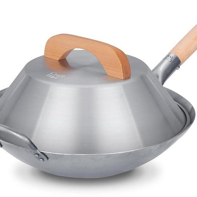 Craft Wok 14-Inch Wok with Lid Traditional Hand Hammered Carbon Steel Pow Wok and Dome Lid Set, Round Bottom with Wooden Handles, Professional Asian Cookware / 731W88+732W3