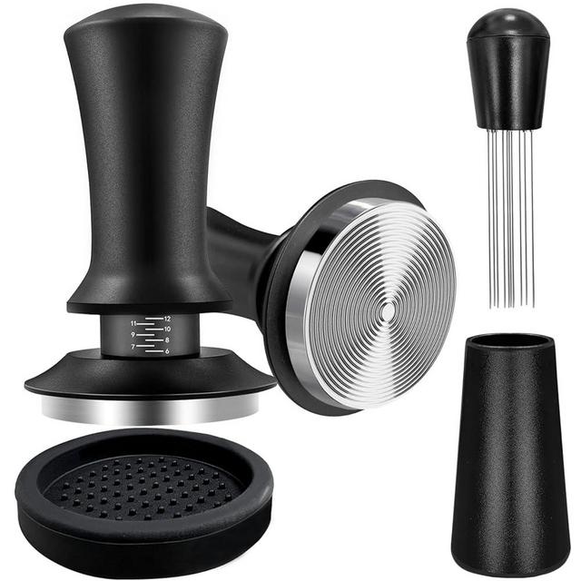 Coffee Espresso Tamper 51mm with WDT Tool Calibrated Spring Loaded, Coffee Tamper with Silicone Tamper Mat,Black Espresso Distribution Tool,Stainless Steel Base Tamper for Espresso Coffee Machine