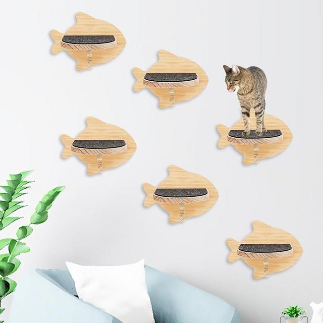 Kathson 6 Pcs Wall Mounted Cat Shelves - Wood Climbing Steps, Stairs With Non-Slip Felt, Ladder Wall Furniture for Springboard Playing (Fish Shape)