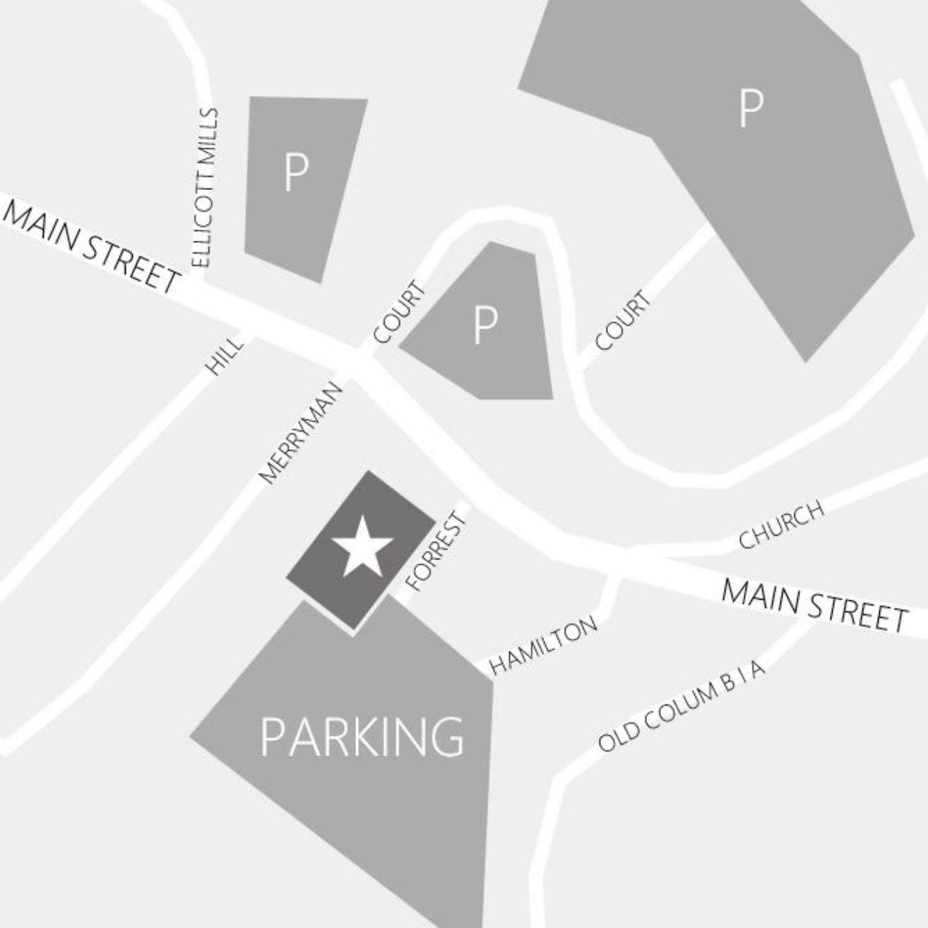 Venue location map of parking lots in downtown Ellicott City