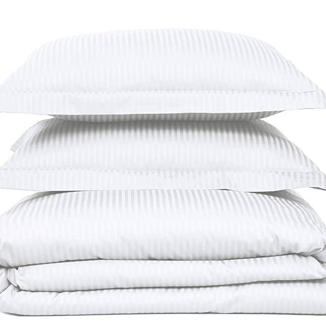 Feather & Stitch 3 Piece Duvet Cover Set King Size White 100% Cotton Comforter Cover 500 Thread Count Damask Stripe Duvet Insert Cover Zipper Closure Corner Ties 2 Pillow Shams Bedding